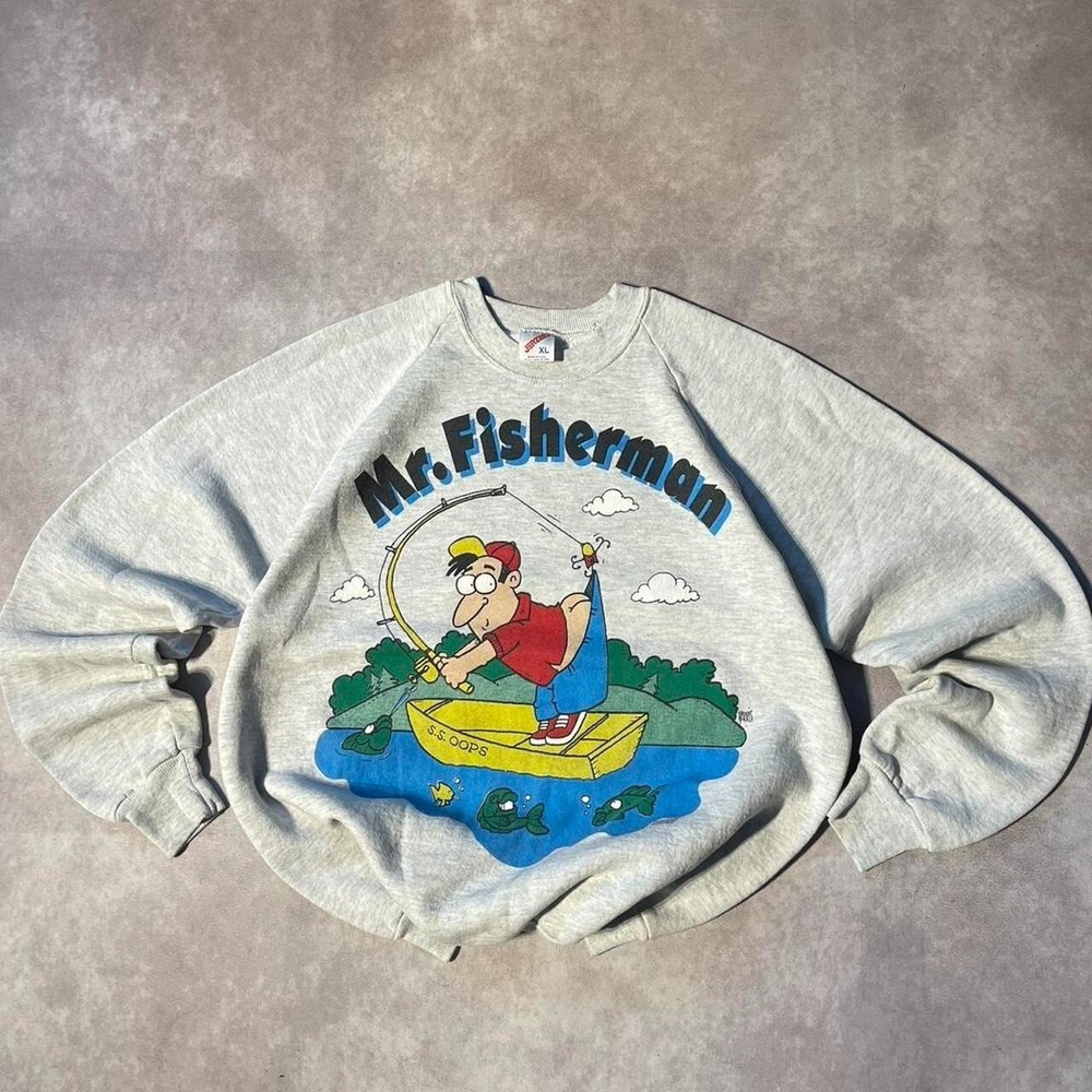 Vintage 90s Mr Fisherman Funny Satire Fishing Sharkys Mister Crewneck Sweater